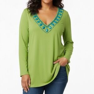 Boden Green Blue Beaded Knit Top V-Neck Short Sleeve 18‎ Plus Resortwear